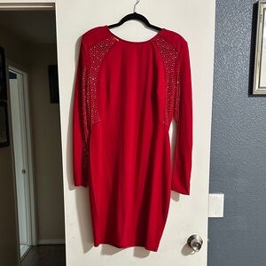 Elegant Red Studded Long Sleeve Dress